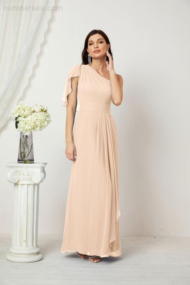 Numbersea  Chiffon Ruffled One Shoulder Long Bridesmaid Dresses A-line Formal Evening Gown Side Split 2809