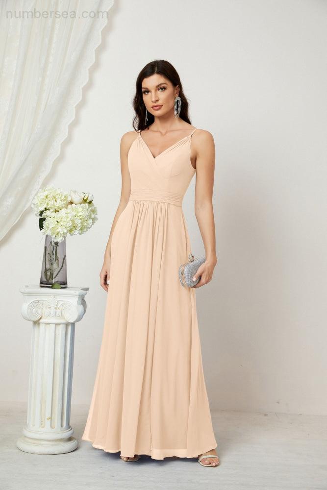 Numbersea Chiffon V-Neck Bridesmaid Dress Spaghetti Strap Long Formal Party Prom Gowns with Slit 28010