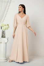 Numbersea  Formal Prom Gown Women V-Neck Chiffon Bridesmaid Dresses Long Bishop Sleeve Party Dress 2807