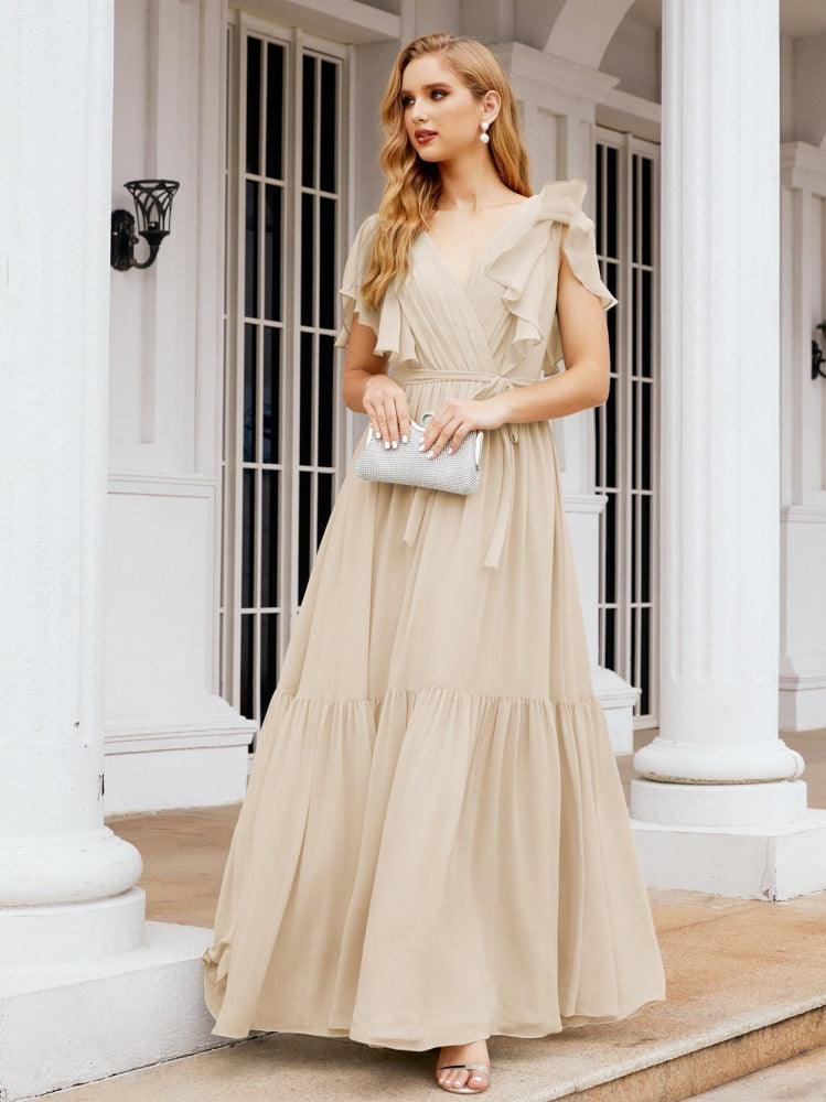 Numbersea Women's Open Back Formal Evening Party Prom Gowns V-Neck Long Chiffon Bridesmaid Dresses with Waist Belt 28038
