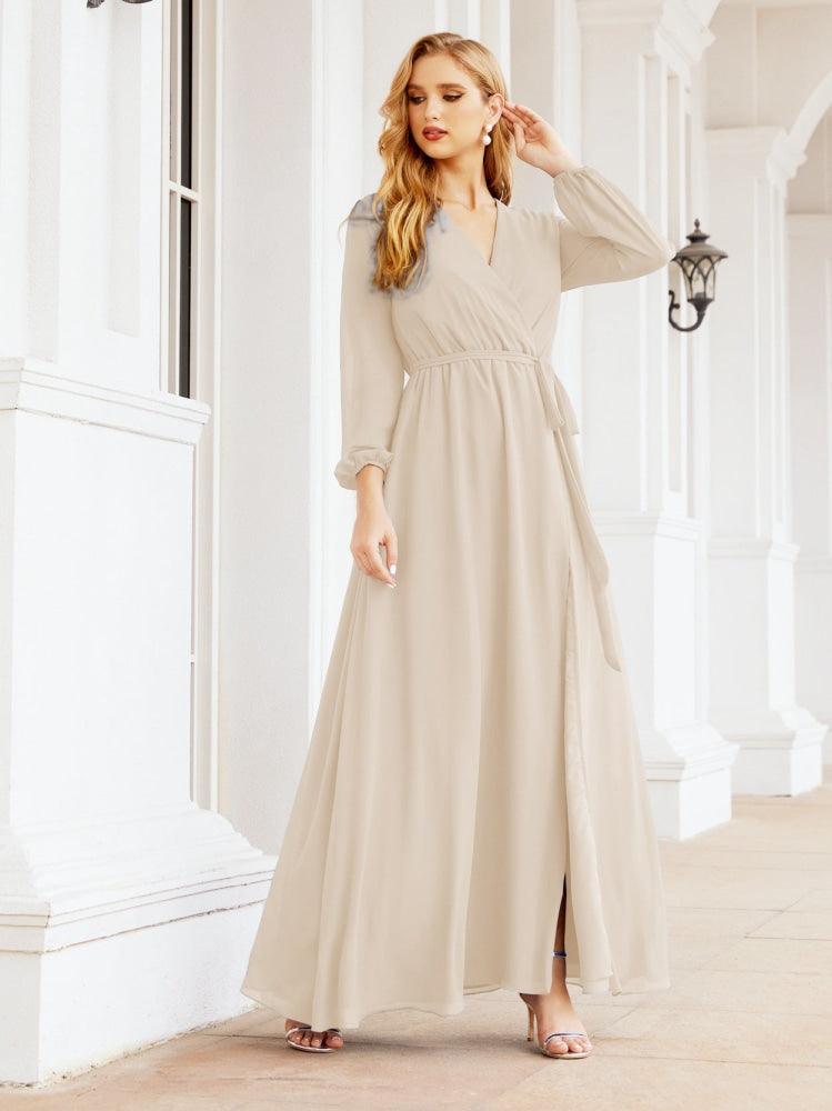 Numbersea Women's Chiffon Bridesmaid Dress A line Long Sleeves Formal Evening Prom Gown for Wedding Guest 28032