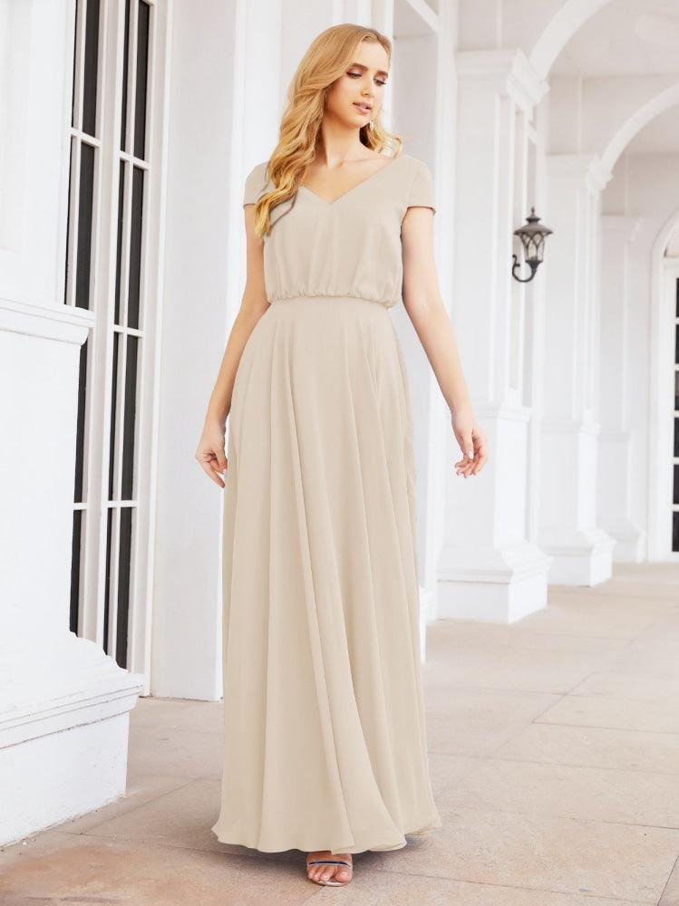 Numbersea V-Neck Bridesmaid Dresses Long Cap Sleeves Prom Evening Formal Gowns 28071