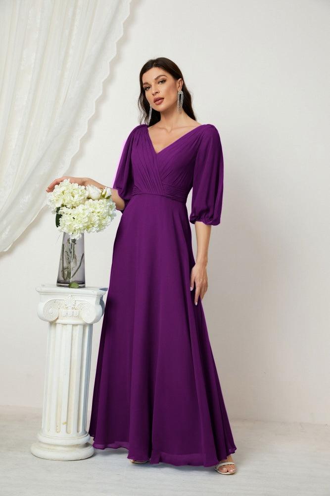 Numbersea  Formal Prom Gown Women V-Neck Chiffon Bridesmaid Dresses Long Bishop Sleeve Party Dress 2807
