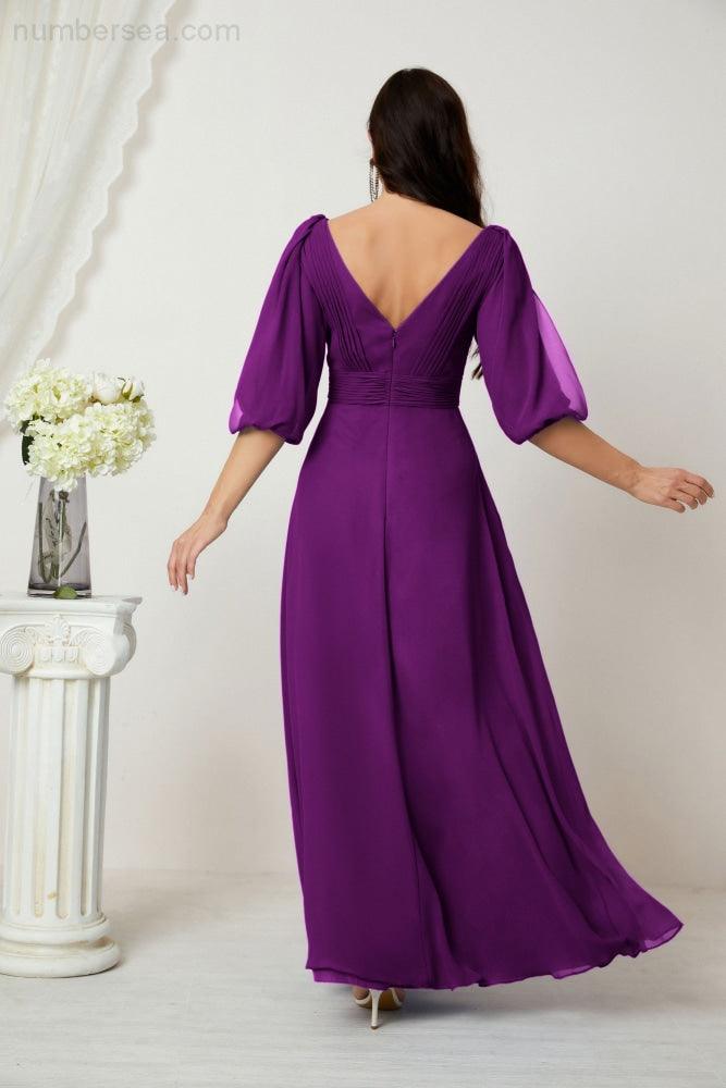 Numbersea  Formal Prom Gown Women V-Neck Chiffon Bridesmaid Dresses Long Bishop Sleeve Party Dress 2807
