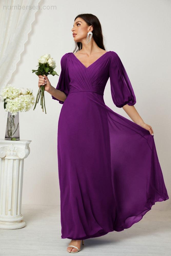 Numbersea  Formal Prom Gown Women V-Neck Chiffon Bridesmaid Dresses Long Bishop Sleeve Party Dress 2807