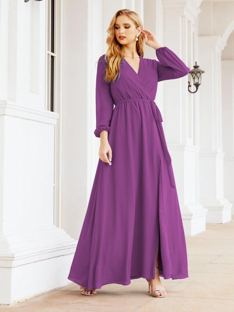 Numbersea Women's Chiffon Bridesmaid Dress A line Long Sleeves Formal Evening Prom Gown for Wedding Guest 28032