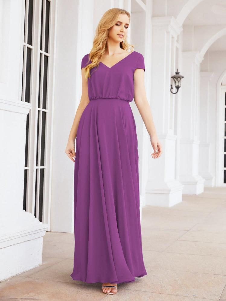 Numbersea V-Neck Bridesmaid Dresses Long Cap Sleeves Prom Evening Formal Gowns 28071