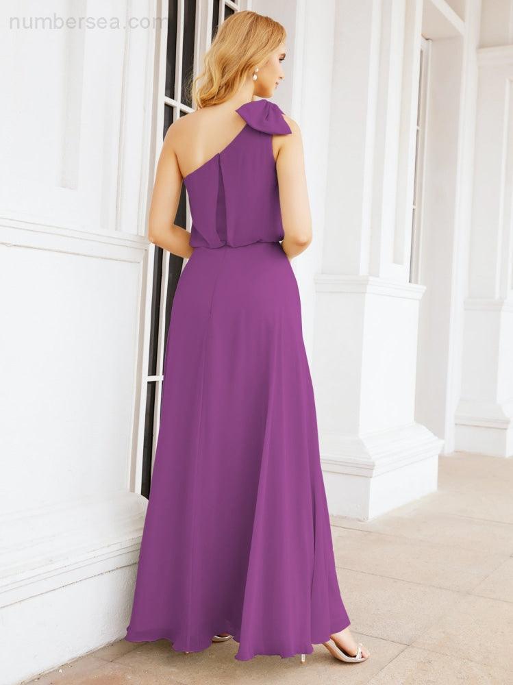 Numbersea Chiffon Ruffled One Shoulder Sleeveless Long Bride Dresses A-line Formal Evening Gown Side Split 28057