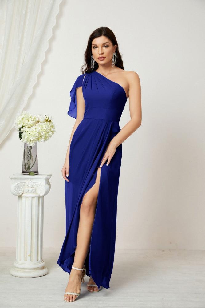 Numbersea  Chiffon Ruffled One Shoulder Long Bridesmaid Dresses A-line Formal Evening Gown Side Split 2809