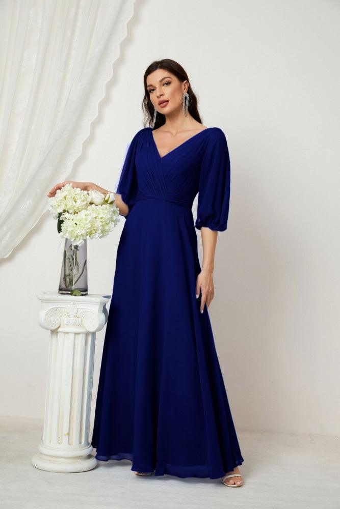 Numbersea  Formal Prom Gown Women V-Neck Chiffon Bridesmaid Dresses Long Bishop Sleeve Party Dress 2807