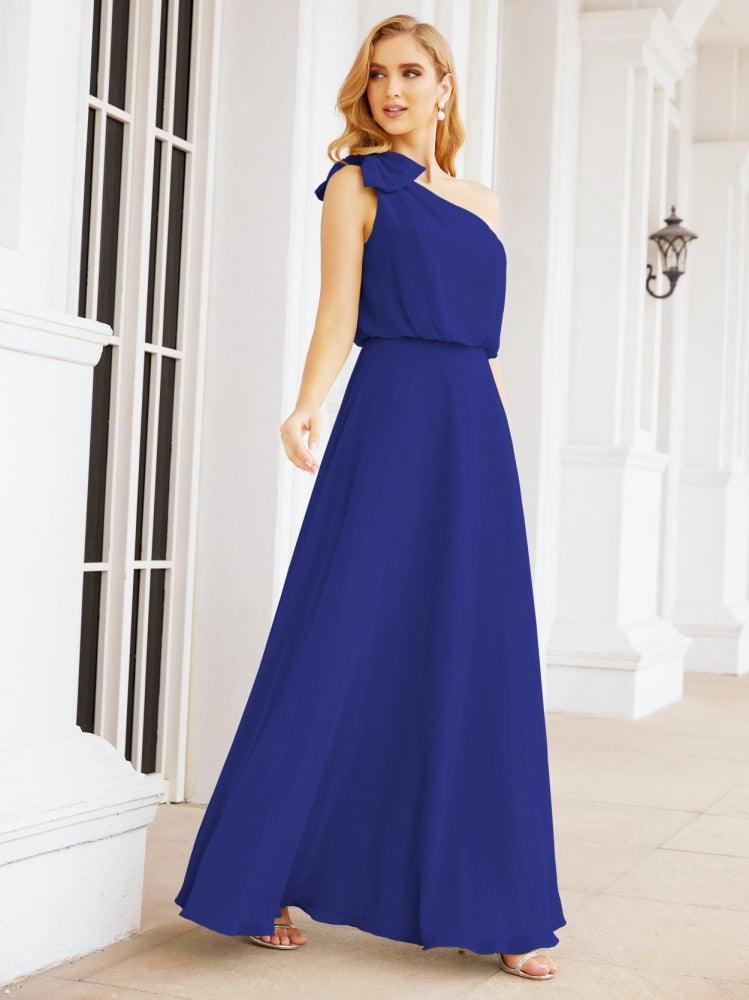Numbersea Chiffon Ruffled One Shoulder Sleeveless Long Bride Dresses A-line Formal Evening Gown Side Split 28057