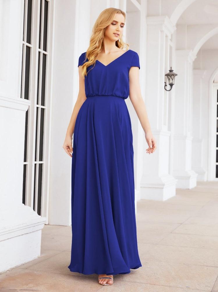 Numbersea V-Neck Bridesmaid Dresses Long Cap Sleeves Prom Evening Formal Gowns 28071