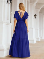 Numbersea Women's Open Back Formal Evening Party Prom Gowns V-Neck Long Chiffon Bridesmaid Dresses with Waist Belt 28038