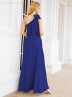 Numbersea Chiffon Ruffled One Shoulder Sleeveless Long Bride Dresses A-line Formal Evening Gown Side Split 28057