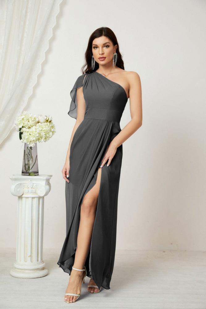 Numbersea  Chiffon Ruffled One Shoulder Long Bridesmaid Dresses A-line Formal Evening Gown Side Split 2809