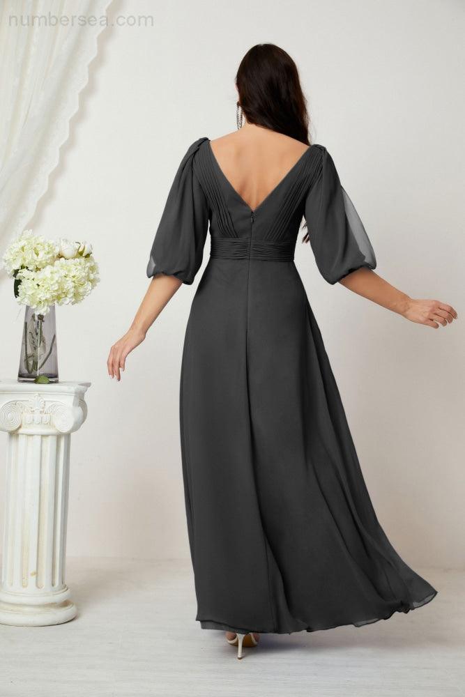 Numbersea  Formal Prom Gown Women V-Neck Chiffon Bridesmaid Dresses Long Bishop Sleeve Party Dress 2807