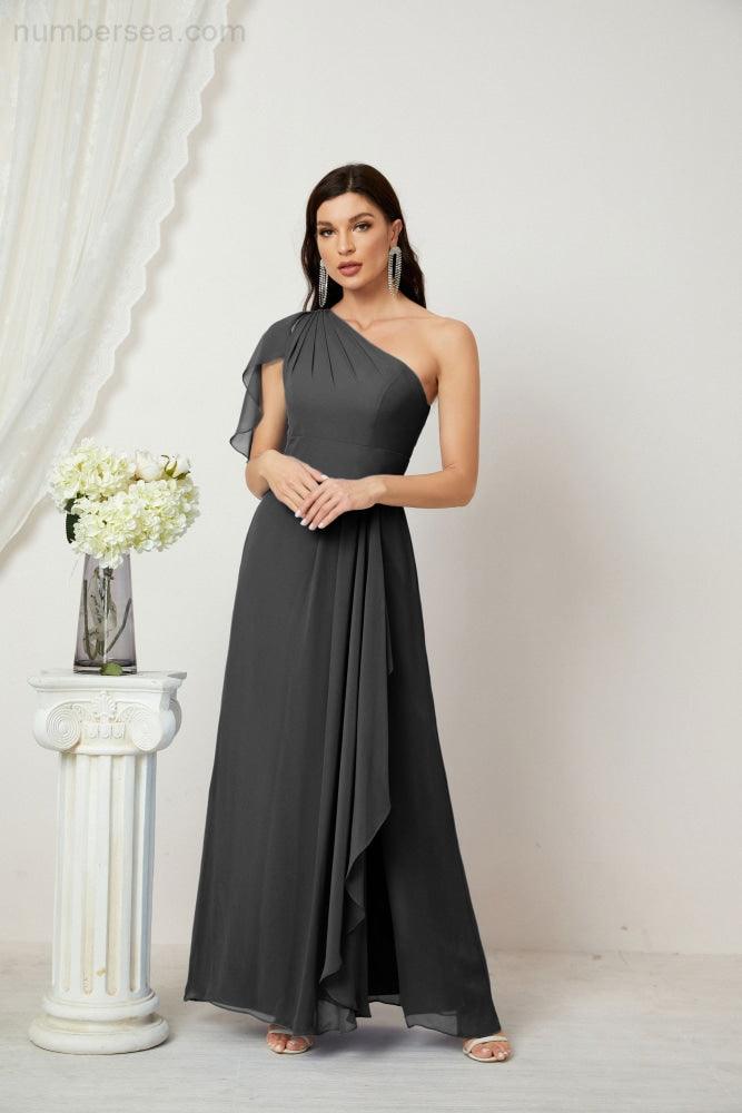 Numbersea  Chiffon Ruffled One Shoulder Long Bridesmaid Dresses A-line Formal Evening Gown Side Split 2809