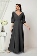 Numbersea  Formal Prom Gown Women V-Neck Chiffon Bridesmaid Dresses Long Bishop Sleeve Party Dress 2807