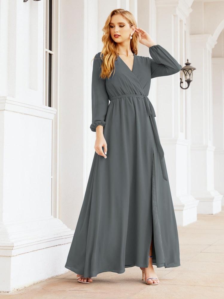 Numbersea Women's Chiffon Bridesmaid Dress A line Long Sleeves Formal Evening Prom Gown for Wedding Guest 28032
