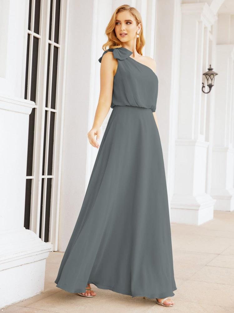 Numbersea Chiffon Ruffled One Shoulder Sleeveless Long Bride Dresses A-line Formal Evening Gown Side Split 28057