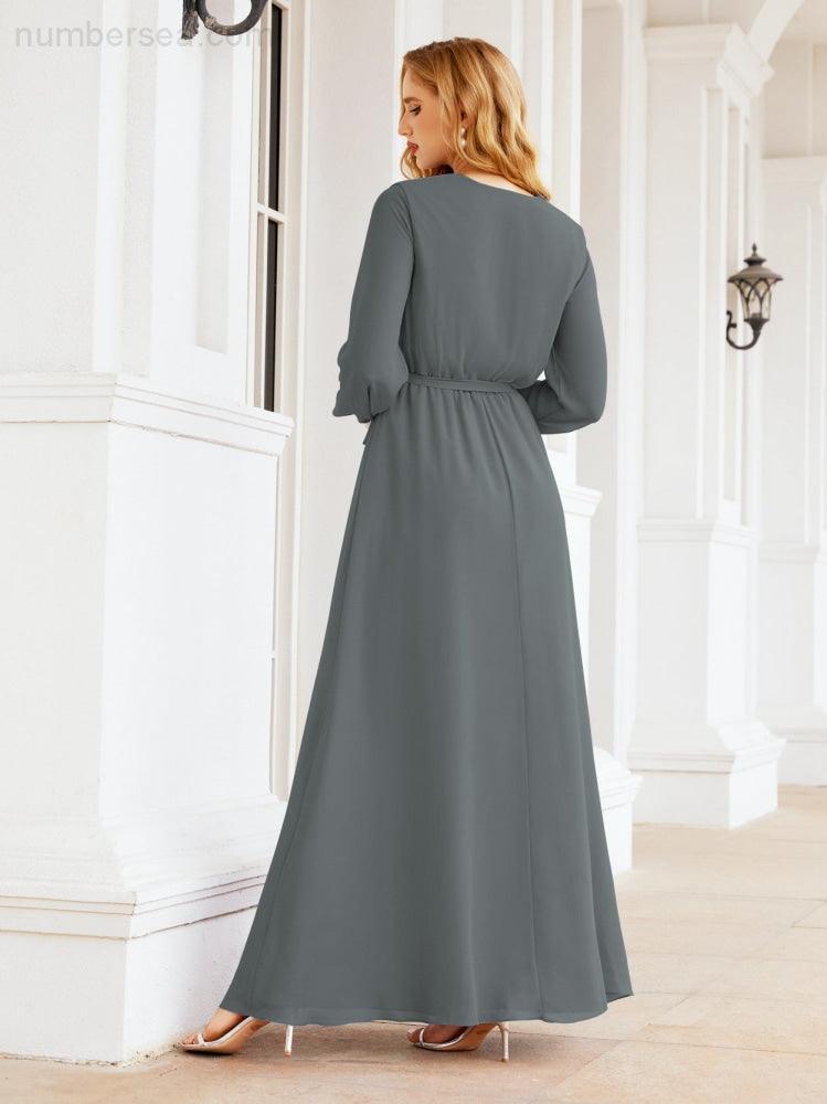 Numbersea Women's Chiffon Bridesmaid Dress A line Long Sleeves Formal Evening Prom Gown for Wedding Guest 28032