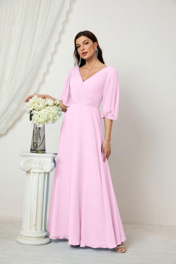 Numbersea  Formal Prom Gown Women V-Neck Chiffon Bridesmaid Dresses Long Bishop Sleeve Party Dress 2807