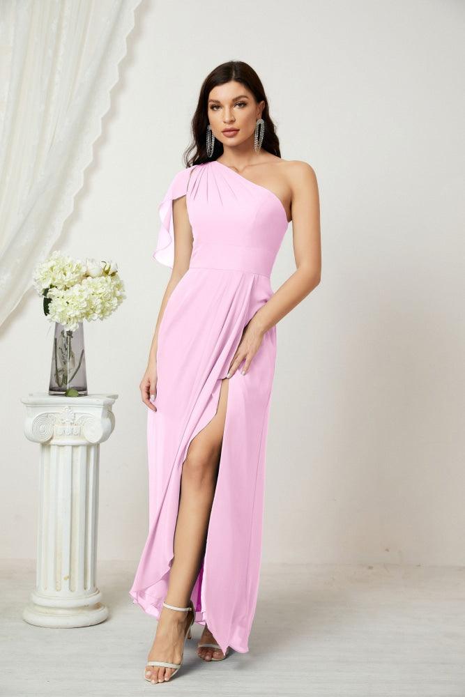 Numbersea  Chiffon Ruffled One Shoulder Long Bridesmaid Dresses A-line Formal Evening Gown Side Split 2809