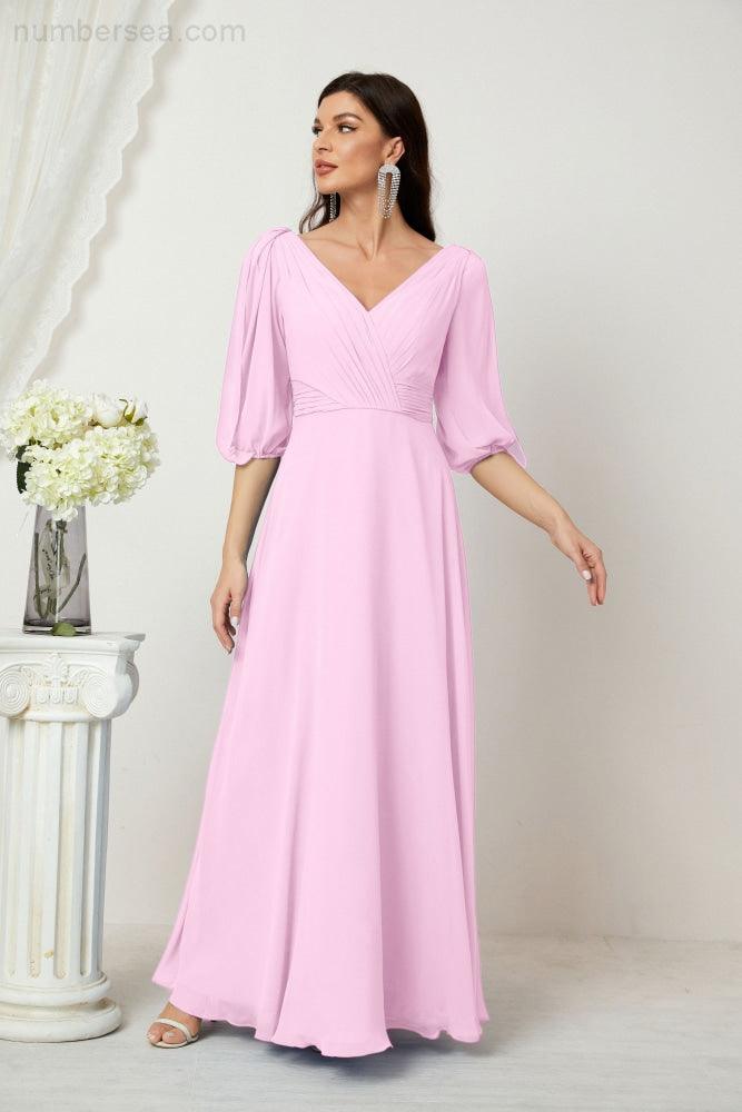 Numbersea  Formal Prom Gown Women V-Neck Chiffon Bridesmaid Dresses Long Bishop Sleeve Party Dress 2807