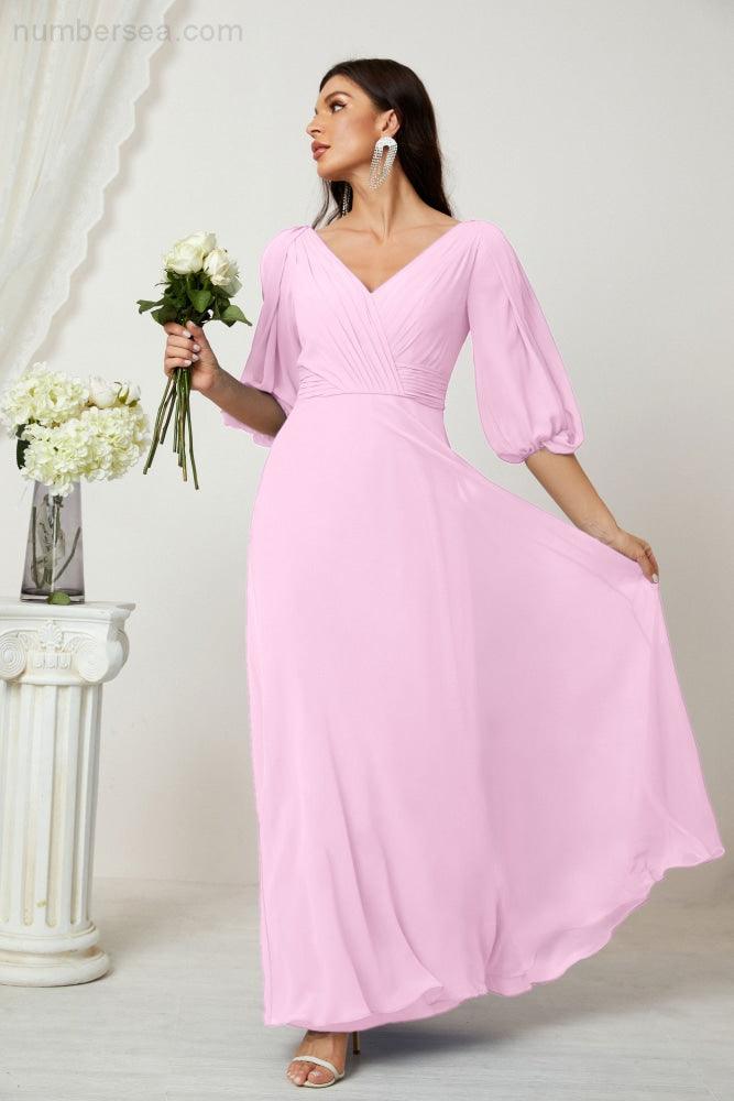 Numbersea  Formal Prom Gown Women V-Neck Chiffon Bridesmaid Dresses Long Bishop Sleeve Party Dress 2807