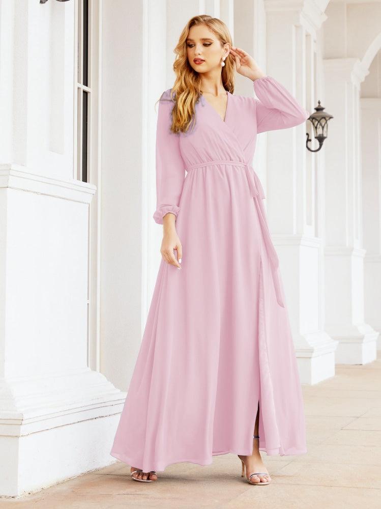 Numbersea Women's Chiffon Bridesmaid Dress A line Long Sleeves Formal Evening Prom Gown for Wedding Guest 28032
