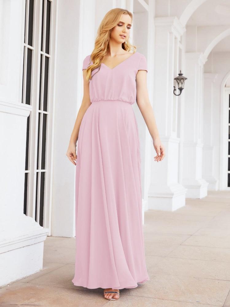 Numbersea V-Neck Bridesmaid Dresses Long Cap Sleeves Prom Evening Formal Gowns 28071