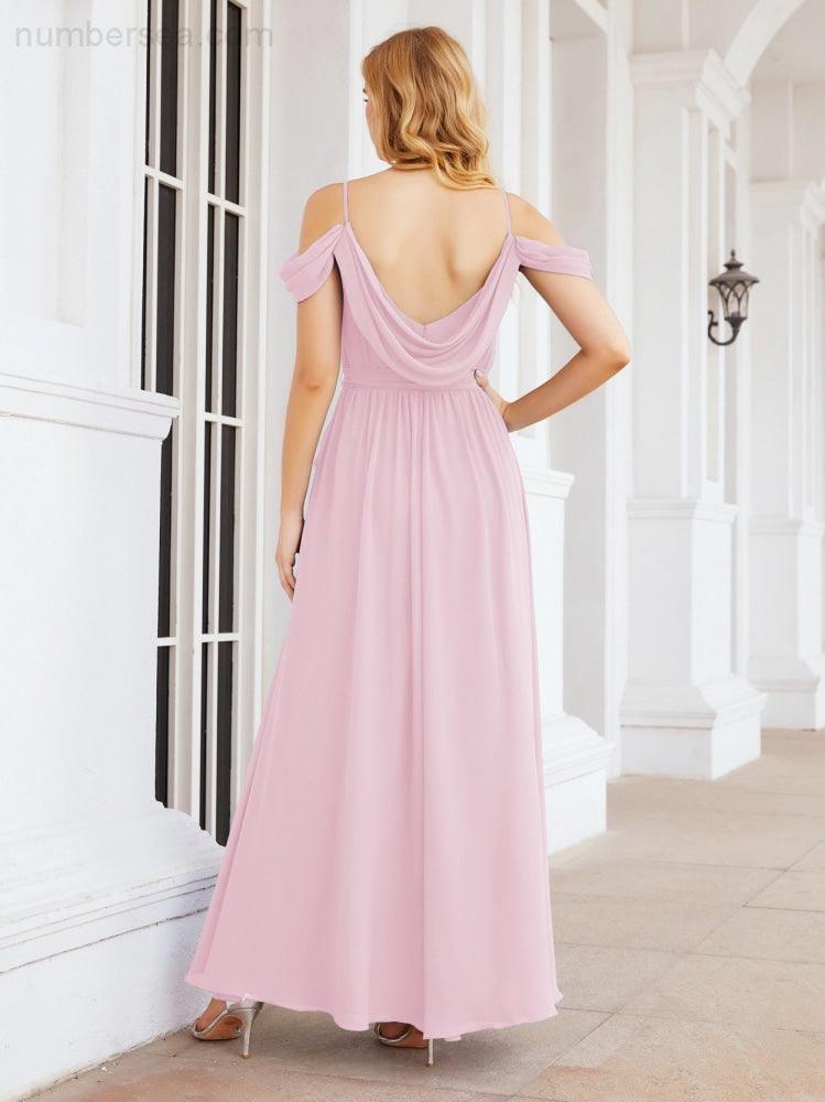 Numbersea Off The Shoulder Chiffon Bridesmaid Dress Long Formal Graduation Gown with Cowl Back 28069