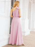 Numbersea Chiffon Ruffled One Shoulder Sleeveless Long Bride Dresses A-line Formal Evening Gown Side Split 28057