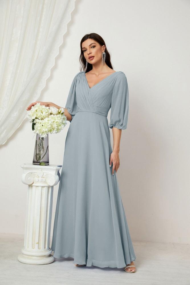 Numbersea  Formal Prom Gown Women V-Neck Chiffon Bridesmaid Dresses Long Bishop Sleeve Party Dress 2807