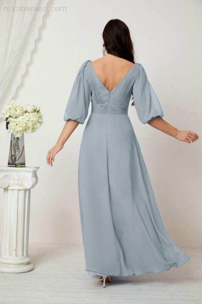 Numbersea  Formal Prom Gown Women V-Neck Chiffon Bridesmaid Dresses Long Bishop Sleeve Party Dress 2807