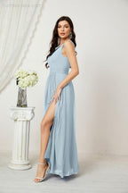 Numbersea Chiffon V-Neck Bridesmaid Dress Spaghetti Strap Long Formal Party Prom Gowns with Slit 28010