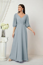 Numbersea  Formal Prom Gown Women V-Neck Chiffon Bridesmaid Dresses Long Bishop Sleeve Party Dress 2807