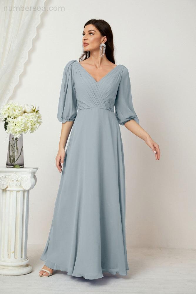 Numbersea  Formal Prom Gown Women V-Neck Chiffon Bridesmaid Dresses Long Bishop Sleeve Party Dress 2807