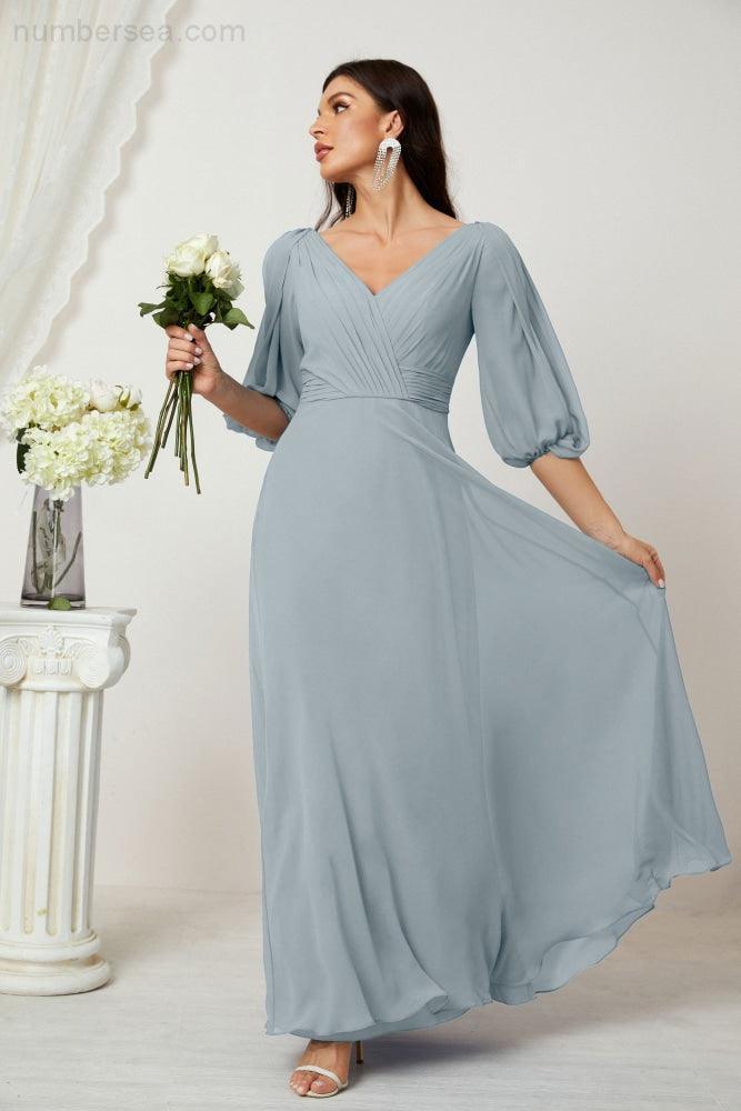 Numbersea  Formal Prom Gown Women V-Neck Chiffon Bridesmaid Dresses Long Bishop Sleeve Party Dress 2807