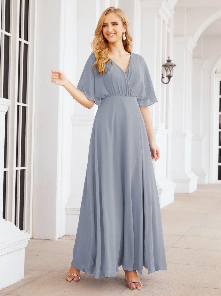 Numbersea V-Neck Bridesmaid Dress Chiffon Long Open Back Formal Dresses for Women Party Evening 28067