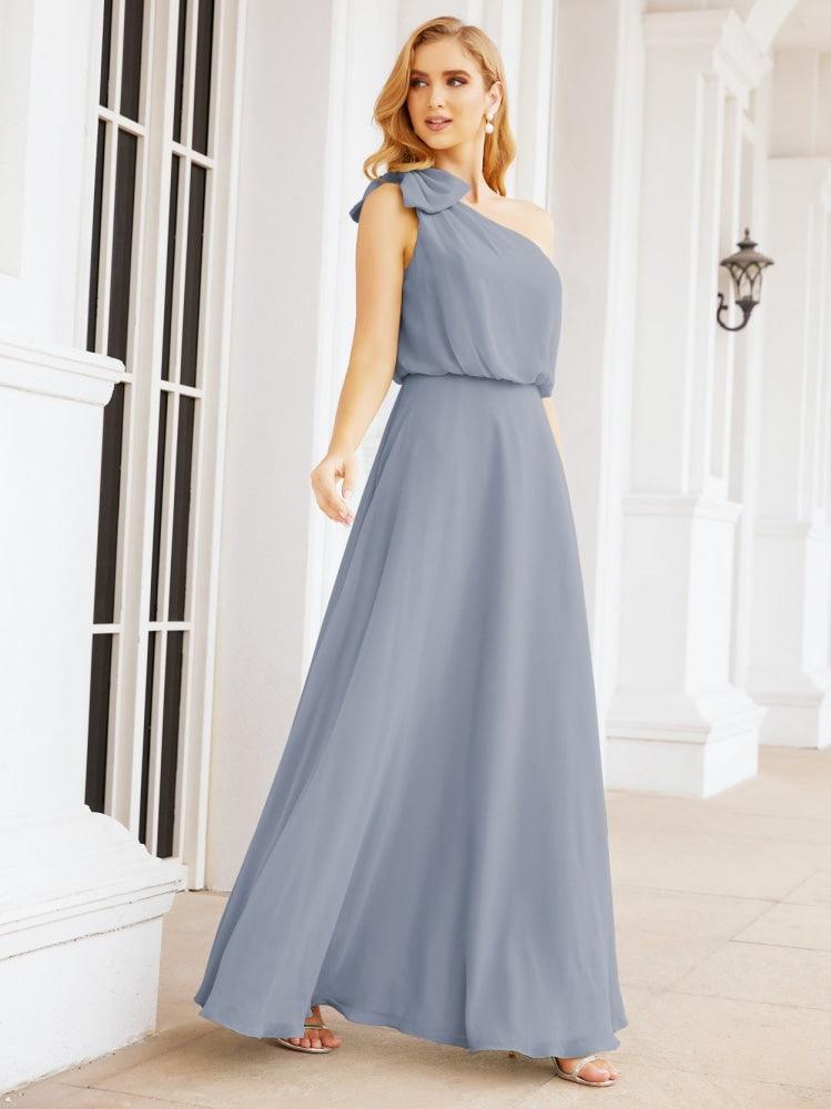 Numbersea Chiffon Ruffled One Shoulder Sleeveless Long Bride Dresses A-line Formal Evening Gown Side Split 28057