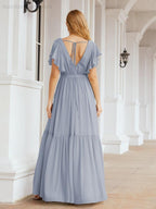 Numbersea Women's Open Back Formal Evening Party Prom Gowns V-Neck Long Chiffon Bridesmaid Dresses with Waist Belt 28038