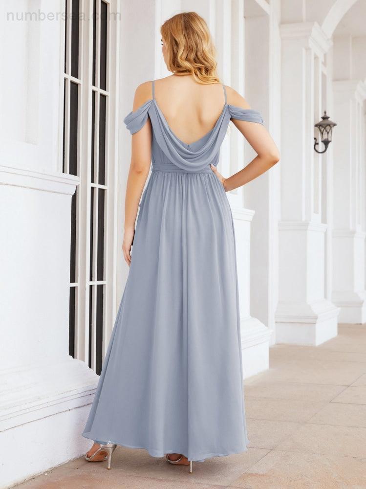 Numbersea Off The Shoulder Chiffon Bridesmaid Dress Long Formal Graduation Gown with Cowl Back 28069