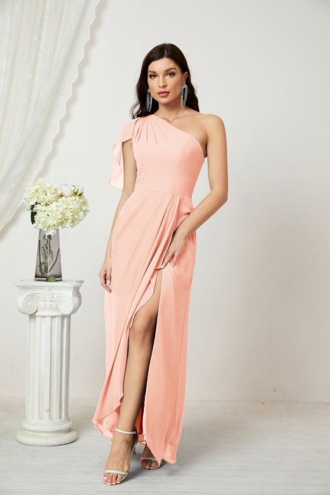 Numbersea  Chiffon Ruffled One Shoulder Long Bridesmaid Dresses A-line Formal Evening Gown Side Split 2809
