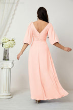 Numbersea  Formal Prom Gown Women V-Neck Chiffon Bridesmaid Dresses Long Bishop Sleeve Party Dress 2807