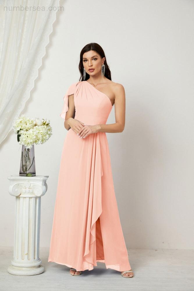 Numbersea  Chiffon Ruffled One Shoulder Long Bridesmaid Dresses A-line Formal Evening Gown Side Split 2809