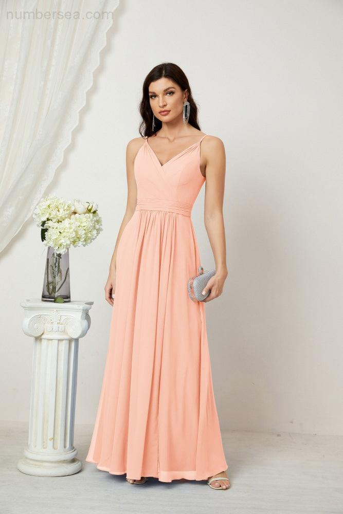 Numbersea Chiffon V-Neck Bridesmaid Dress Spaghetti Strap Long Formal Party Prom Gowns with Slit 28010