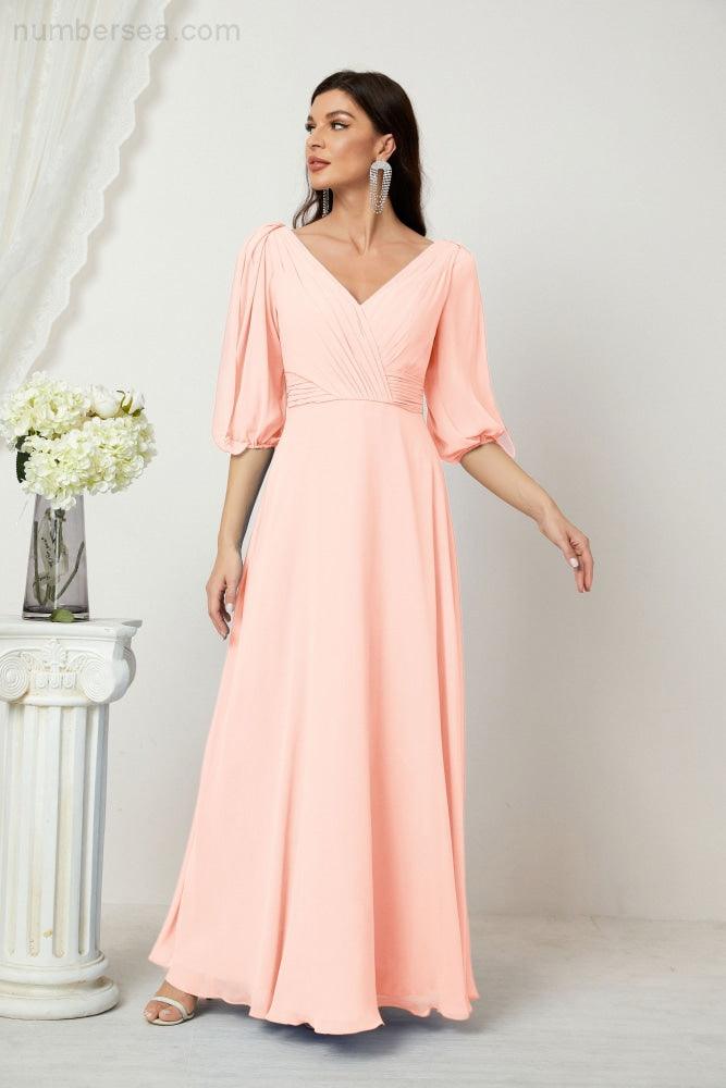 Numbersea  Formal Prom Gown Women V-Neck Chiffon Bridesmaid Dresses Long Bishop Sleeve Party Dress 2807