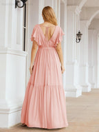 Numbersea Women's Open Back Formal Evening Party Prom Gowns V-Neck Long Chiffon Bridesmaid Dresses with Waist Belt 28038
