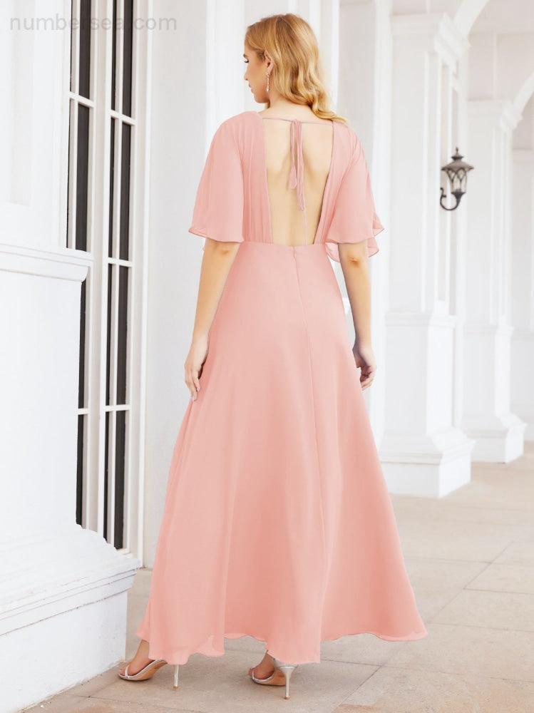 Numbersea V-Neck Bridesmaid Dress Chiffon Long Open Back Formal Dresses for Women Party Evening 28067